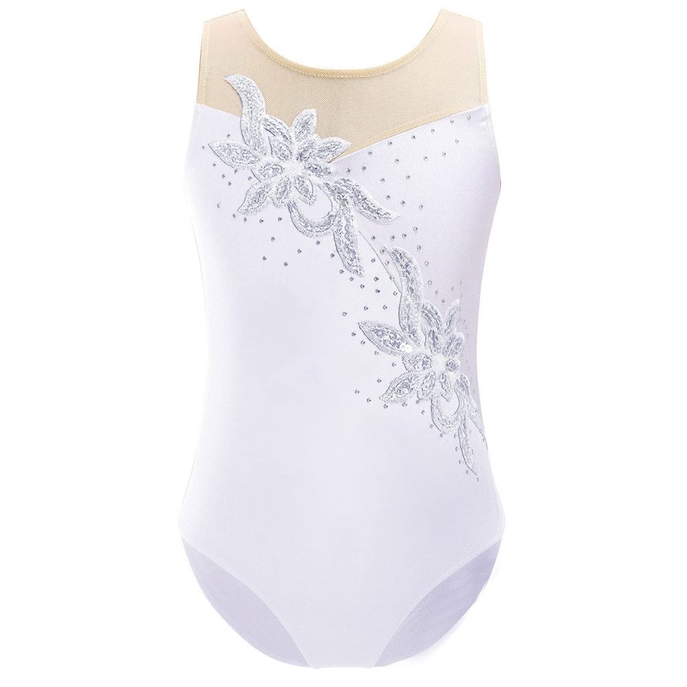 FEESHOW Gymnastics Leotards for Girls Sparkle Metallic Athletic Clothes Activewear One-Piece Skating Jumpsuit White 16 Years