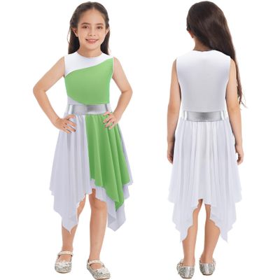 LiiYii Girls Gymnastics Leotard Lyrical Dance Dress Liturgical Dancewear High-Low Ballet Costume Ballerina Dancing Skirt Light Green 14 Years