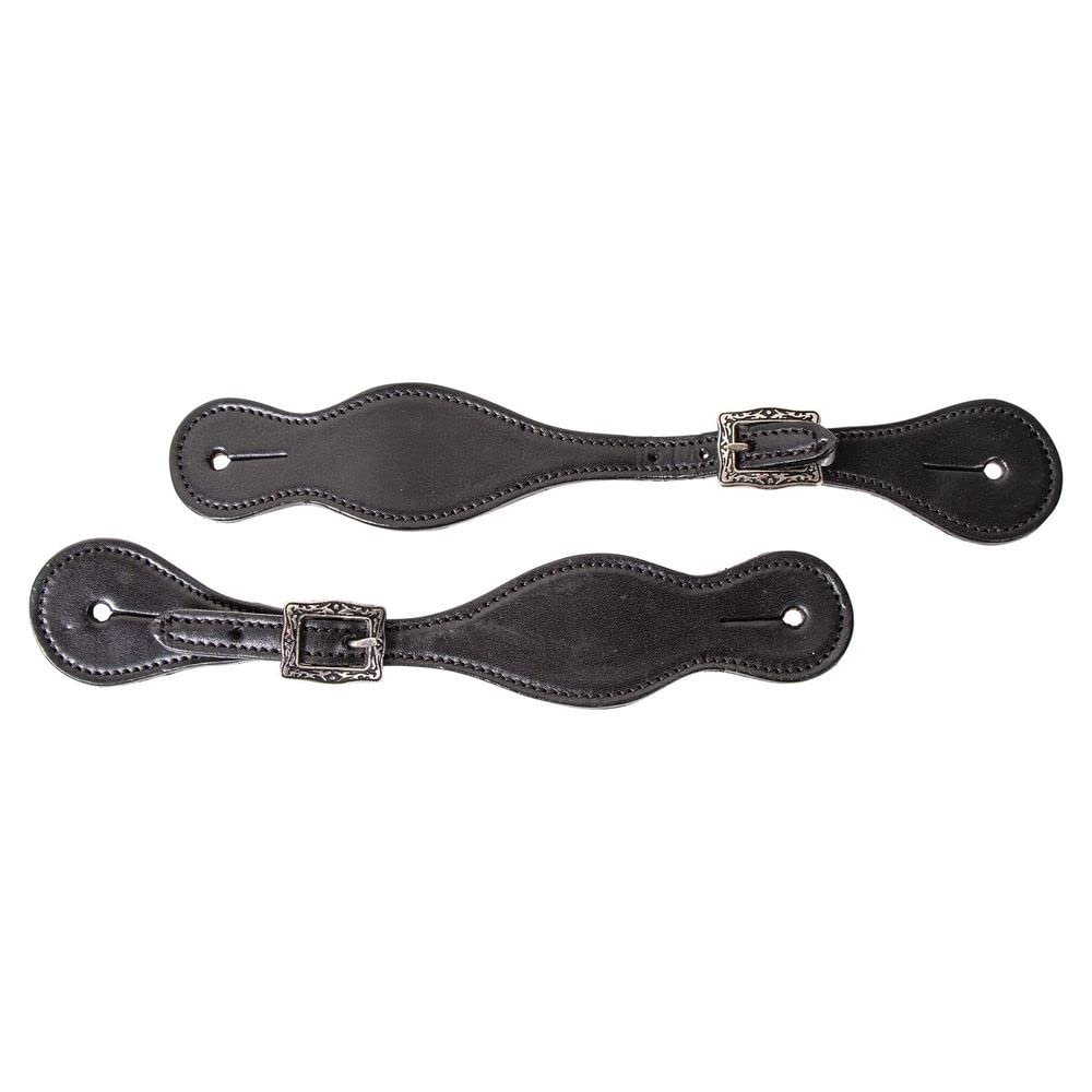 Double S Black Leather Spur Straps | Size Ladies | Perfect for Equestrian Shows | Conforms Comfortably to Boots | Durable Black Leather | Petite Antiqued Buckle | Ladies Sized