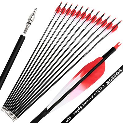 28/30/31 Inch Archery Carbon Arrows Spine 500 Hunting Target Practice Carbon Arrows with 100 Grain Replaceable Tips and 5" Real Feather for Compound & Recurve & Traditional Bow (Red, 28 inch/12pcs)
