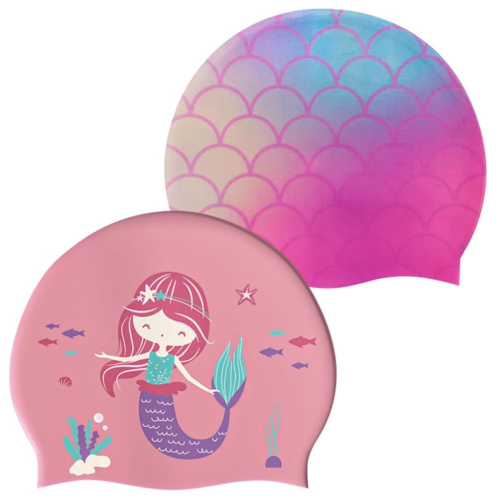 2Pcs Kids Swim Cap Silicone Swimming Cap for Boys Girls Age 3-8 Cover Ear Cartoon Waterproof Bathing Caps Keep Hair Dry Swimming Hat for Long and Short Hair