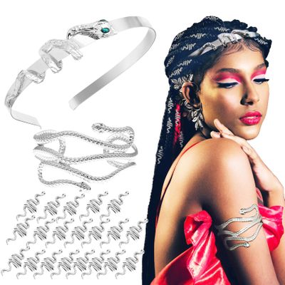 QuneusHot 22 Piece Snake Cleopatra Costume Accessories Egypt Emerald Serpent Hairband Arm Cuff Loc Jewelry for Hair Dreadlocks Women Silver DSFS-Yin