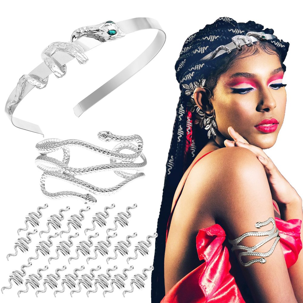 QuneusHot 22 Piece Snake Cleopatra Costume Accessories Egypt Emerald Serpent Hairband Arm Cuff Loc Jewelry for Hair Dreadlocks Women Silver DSFS-Yin