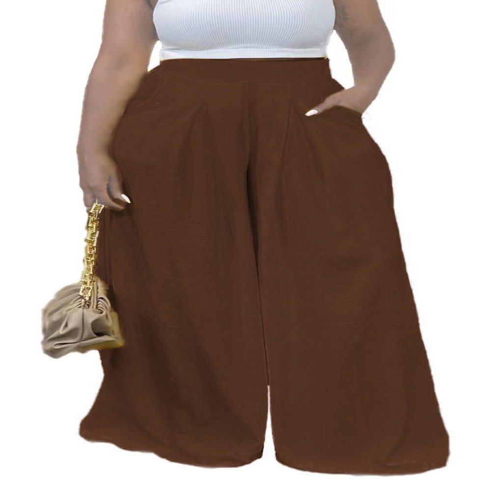 Euulin Flowy Pants for Women Casual High Waisted Wide Leg Palazzo Pants Trousers with Pocket Plus Size Brown XL