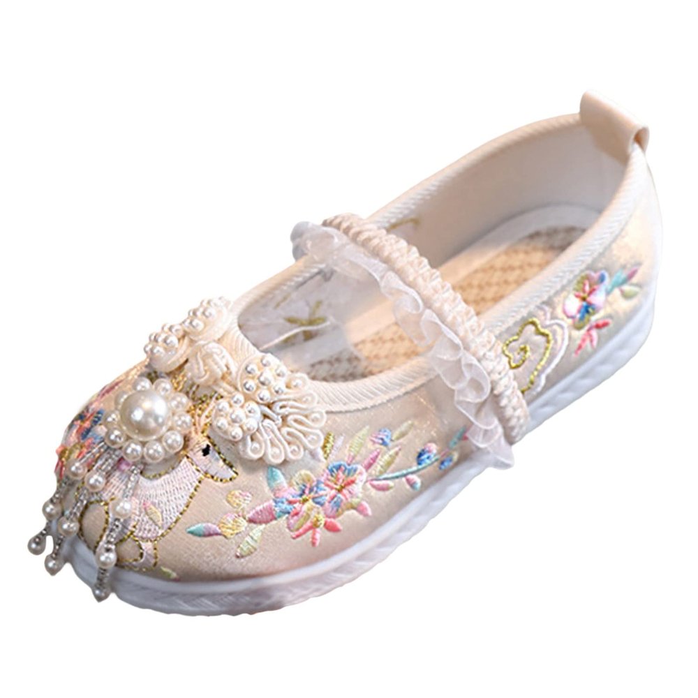 New Girls Handmade Hanfu Shoes Children Embroidered Shoes Shoes Baby Antique Costume Performance Shoes Girls Heels (Beige, 2 Big Kids)