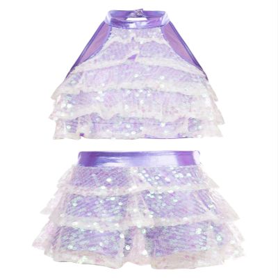 JEATHA Girls Shiny Sequins Halter Tassel Crop Top with Mini Skirt Latin Jazz Salsa Samba Rumba Dance Costume Pink 7-8 Years