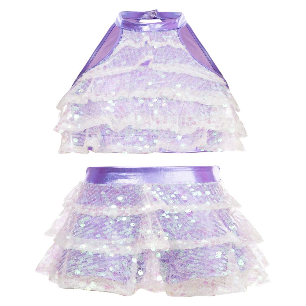 JEATHA Girls Shiny Sequins Halter Tassel Crop Top with Mini Skirt Latin Jazz Salsa Samba Rumba Dance Costume Pink 7-8 Years