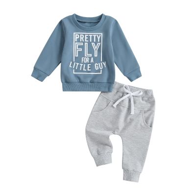 Sejardin Toddler Baby Boy Clothes Cute Letter Print Long Sleeve Sweatshirt Tops and Stretch Pants Newborn Fall Winter Outfit (Pretty Little Guy Blue, 18-24 Months)