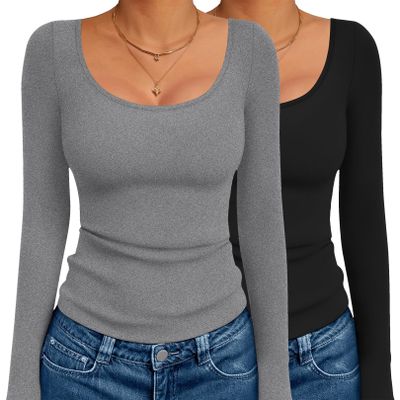 Ekouaer 2 Pack Long Sleeve Shirts for Womens Scoop Neck Tops Slim Fit Undershirts Basic Thermal Tee Shirt Black/Heather Grey XS