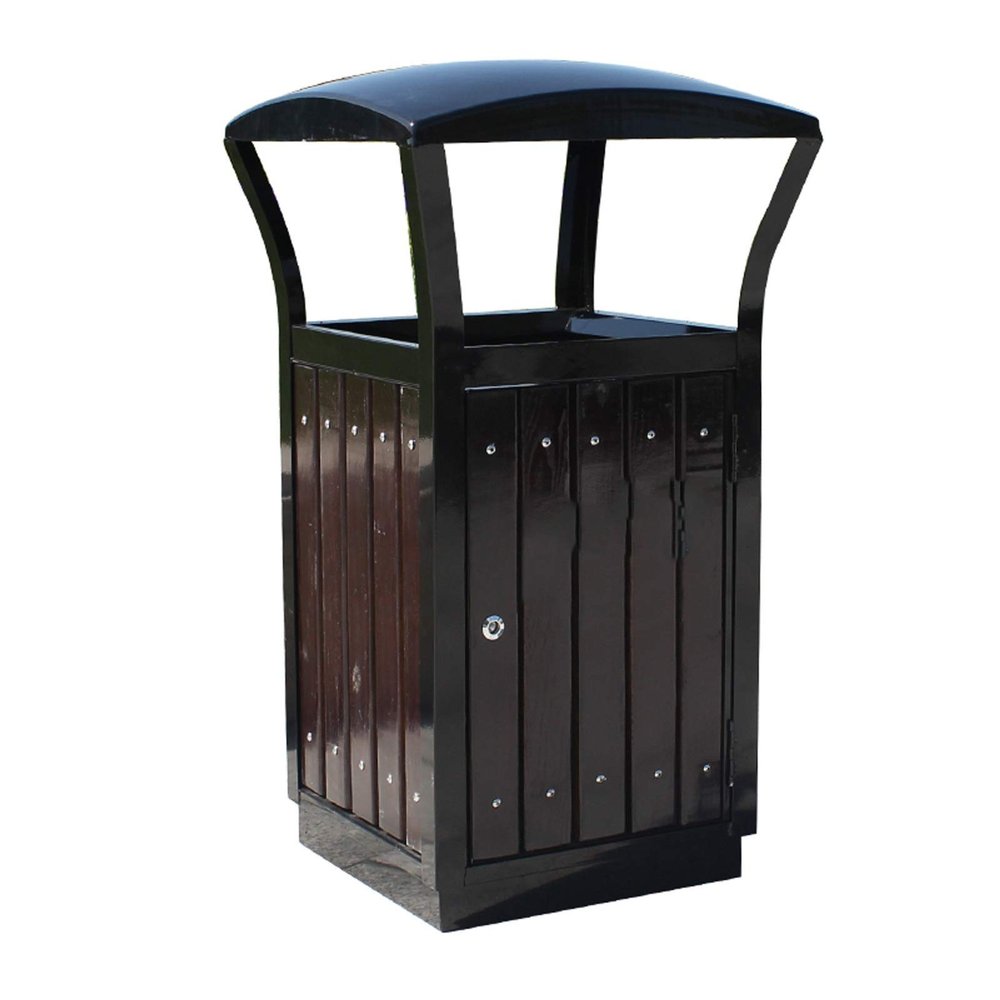 DYPASA Outdoor Trash can Outdoor Steel Wood Trash can Brown Recessed Panel Metal Waste bin Outdoor Creative Commercial Garage can, Decorative Fluted Panels Garbage can
