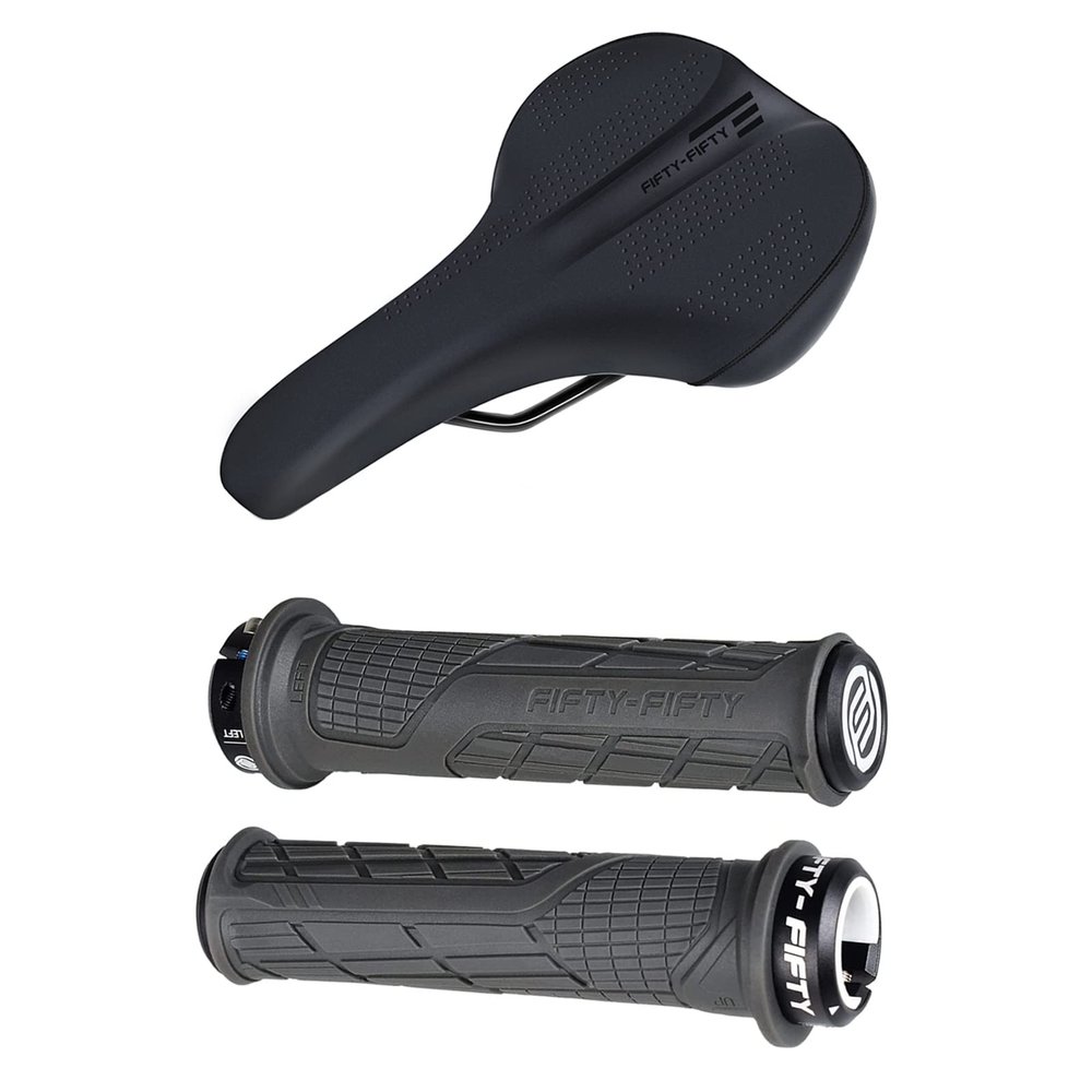 FIFTY-FIFTY Mountain Bike Saddle, Comfortable Memory Foam Bike Seat, Mountain Bike Handlebar Grips, Single Lock-on MTB Grips, Comfortable Bicycle Locking Grips, Non-Slip MTB Handle Grips