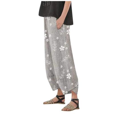 WABEOR Summer Pants for Women Casual Lightweight Wide Leg Cropped Pants Linen Pants Petite Loose Fit Elastic Waist Pants Grey