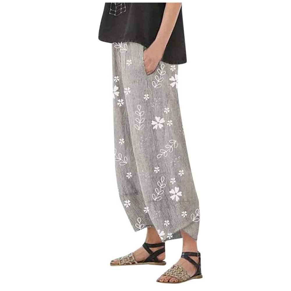 WABEOR Summer Pants for Women Casual Lightweight Wide Leg Cropped Pants Linen Pants Petite Loose Fit Elastic Waist Pants Grey