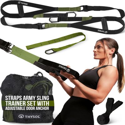 THYSOL Resistance Trainer Pro Exercise Straps Army | Sling Trainer Set with Adjustable Door Anchor | Fitness Home Workouts - Suitable for Travelling & for Training Indoor & Outdoor (Army Green)