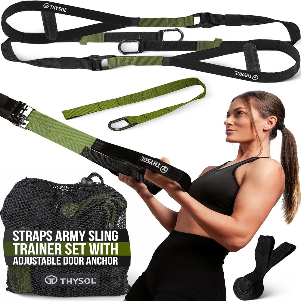 THYSOL Resistance Trainer Pro Exercise Straps Army | Sling Trainer Set with Adjustable Door Anchor | Fitness Home Workouts - Suitable for Travelling & for Training Indoor & Outdoor (Army Green)