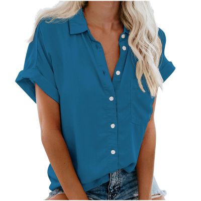 Summer Button Down Tops for Women Trendy Solid Color Lapel Pockets Shirts Loose Short Sleeve Casual Comfy Blouses