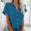 Summer Button Down Tops for Women Trendy Solid Color Lapel Pockets Shirts Loose Short Sleeve Casual Comfy Blouses view 4