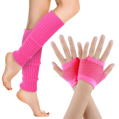 Yolev Neon Leg Warmers and Fishnet Gloves Set 80s Fancy Dress Costume Accessory Stretchy for Party Costume Accessories and Sports Yoga SuppliesRose Red