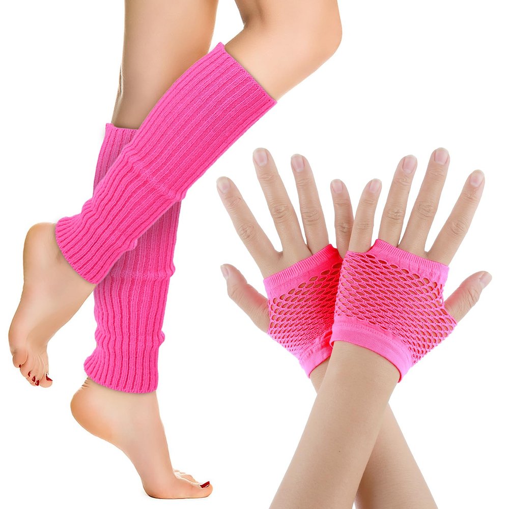 Yolev Neon Leg Warmers and Fishnet Gloves Set 80s Fancy Dress Costume Accessory Stretchy for Party Costume Accessories and Sports Yoga SuppliesRose Red