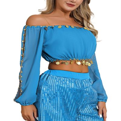 Linjinx Women's Long Sleeve Wrap Blouse Top Tee Shirts Chiffon Ballroom Belly Dance Cropped Tops Sky Blue One Size