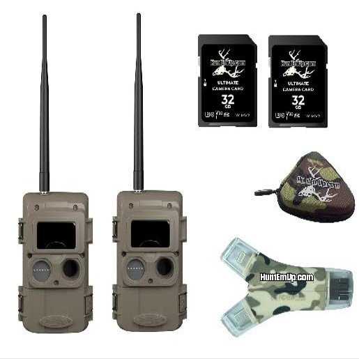 HuntEmUp Cuddelink 2pc L-Series Long-Range IR Trail Cameras with 2pc 32GB SD Cards High-Speed Card Reader with Zipper case