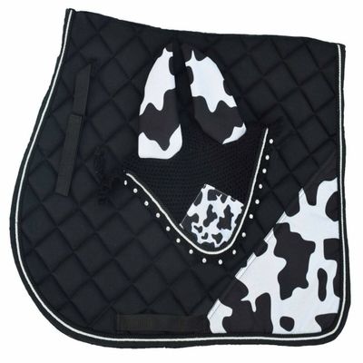 Cow Print All Purpose English Saddle Pad, Handmade Jumping Saddle Pad, Fly Bonnet (Horse/Full)
