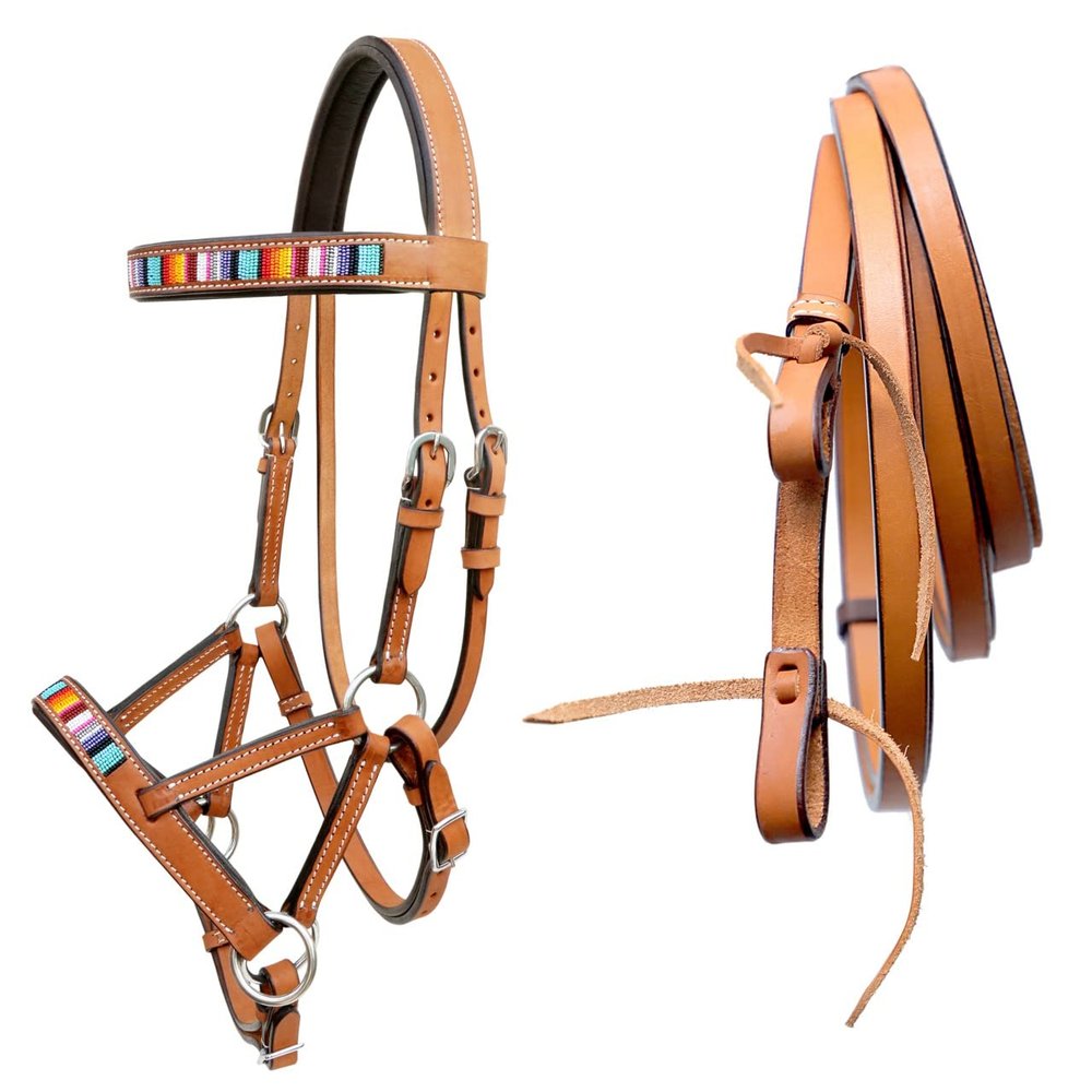 CHALLENGER Horse Western Tan Leather Serape Beaded Bitless Sidepull Bridle Split Reins 77RS42