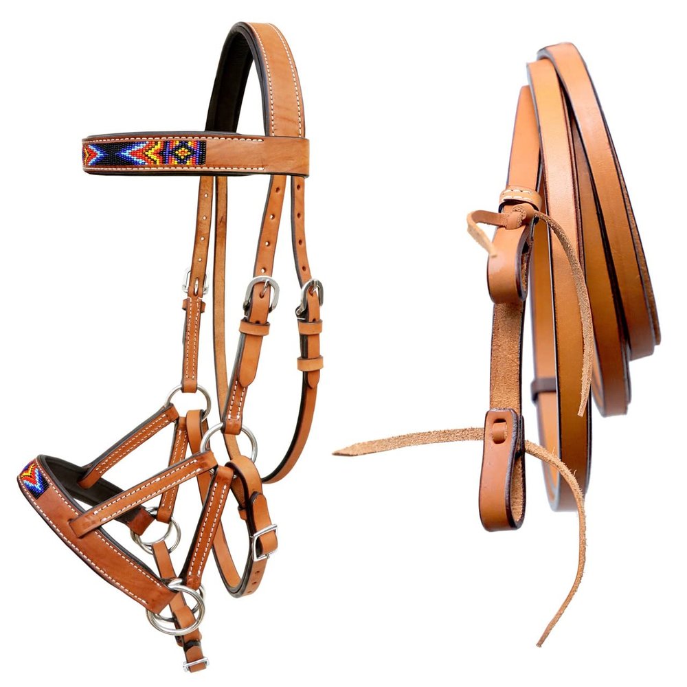 CHALLENGER Horse Western Tan Leather Multicolor Beaded Bitless Sidepull Bridle Split Reins Yellow 77RS44