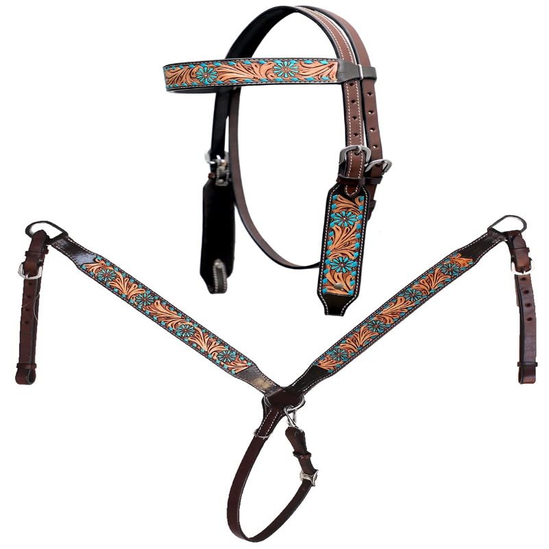 CHALLENGER Horse Western Antique Floral Turquoise Buckstitch Bridle Breast Collar Set 78HR15B