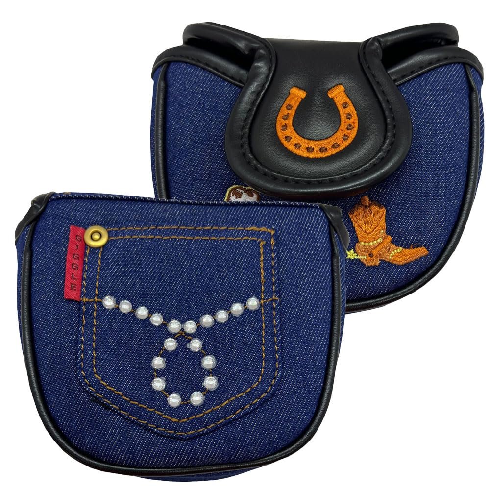 Giggle Golf Mallet Putter Cover, PU Leather with Colorful Embroidered Designs and Magnetic Closure, for Men & Women (Denim Western)