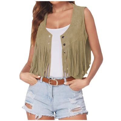 Women Western Fringe Vest Tops Tassels 70s Hippie Costume Cowgirl Cowboy Shirts Suede Sleeveless Jacket Rodeo Outfits Beige