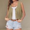 Women Western Fringe Vest Tops Tassels 70s Hippie Costume Cowgirl Cowboy Shirts Suede Sleeveless Jacket Rodeo Outfits Beige view 2