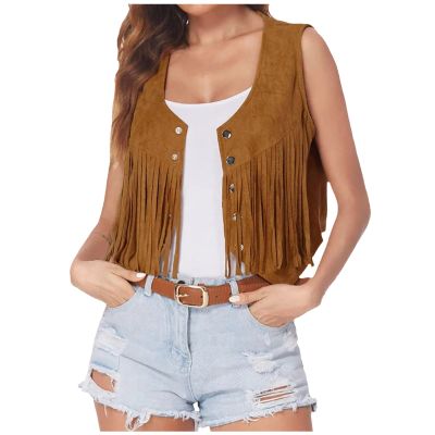 Women Western Fringe Vest Tops Tassels 70s Hippie Costume Cowgirl Cowboy Shirts Suede Sleeveless Jacket Rodeo Outfits Khaki