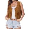 Women Western Fringe Vest Tops Tassels 70s Hippie Costume Cowgirl Cowboy Shirts Suede Sleeveless Jacket Rodeo Outfits Khaki view 1