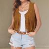 Women Western Fringe Vest Tops Tassels 70s Hippie Costume Cowgirl Cowboy Shirts Suede Sleeveless Jacket Rodeo Outfits Khaki view 2