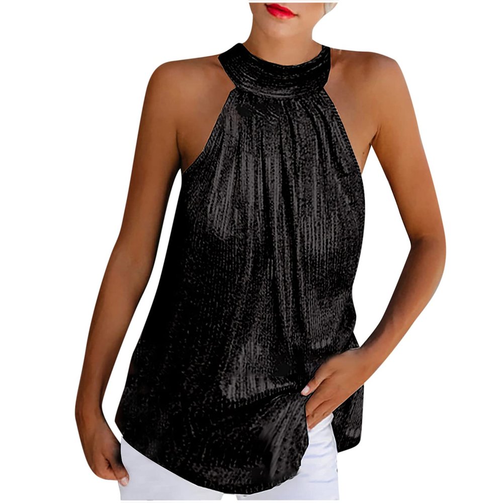 Sequin Tops for Women Party Night Sparkle Sexy Halter Tunic Tops Ladies Disco Club Outfits Glitter Tank Shirt Vest Black