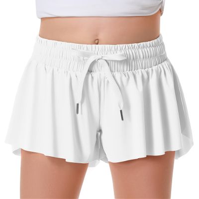 Girls Flowy Shorts Butterfly Shorts for Kids with Pocket 2-in-1 Athletic Shorts Running Shorts for Girls Youth Teen Active Workout Sports (White# Girls, X-Small)