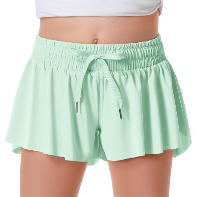 Girls Flowy Shorts Butterfly Shorts for Kids with Pocket 2-in-1 Athletic Shorts Running Shorts for Girls Youth Teen Active Workout Sports (Light Green# Girls, Large)