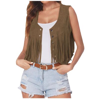 Women Western Fringe Vest Tops Tassels 70s Hippie Costume Cowgirl Cowboy Shirts Suede Sleeveless Jacket Rodeo Outfits Green