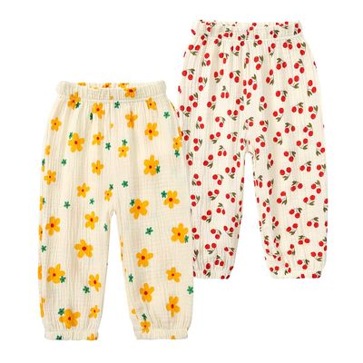 ZFTTZYMX Girls Cotton Linen Harem Pants Little Kids Summer Elastic Waist Floral Bloomer Trousers Jogger Bottoms 2Pack