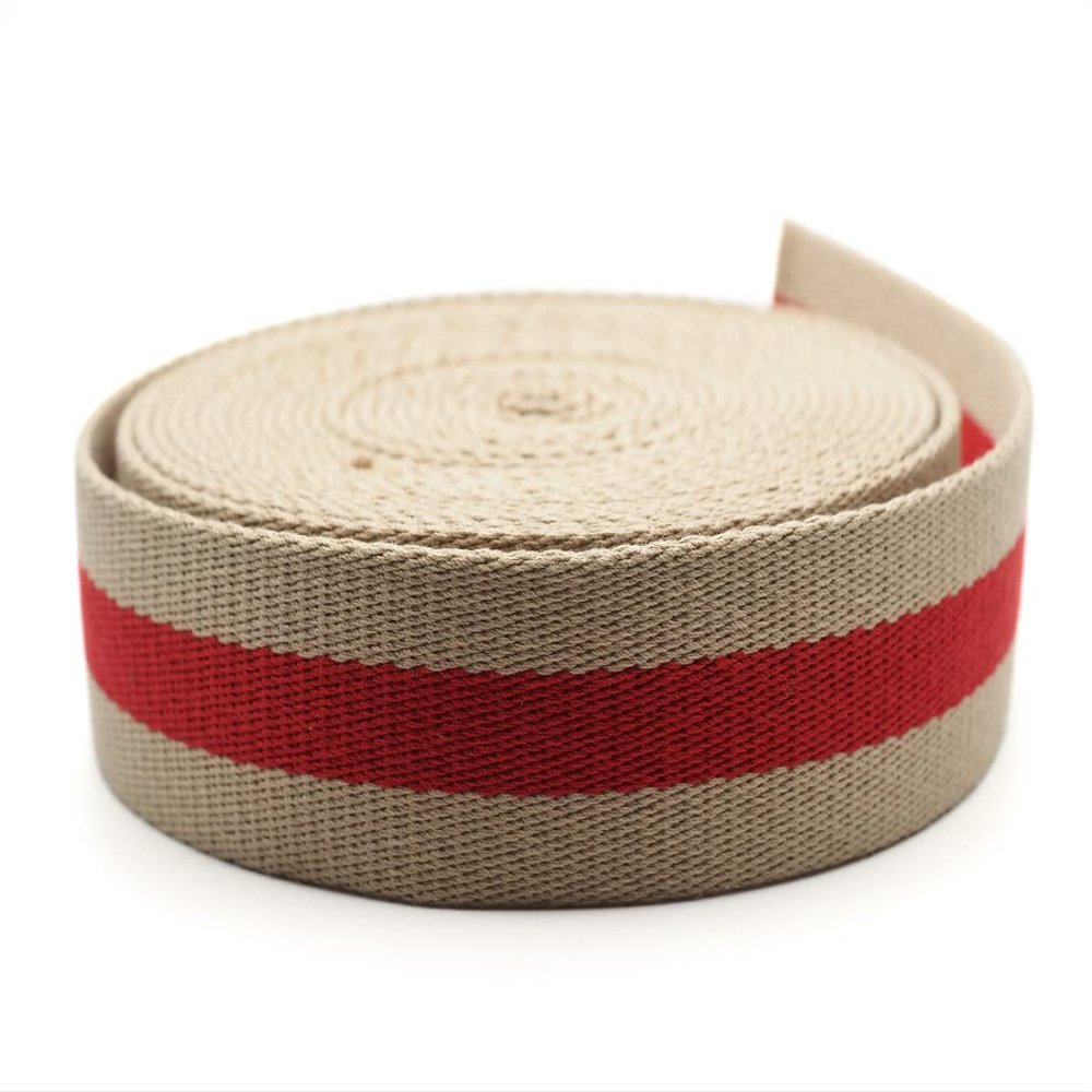 CRAFTMEMORE 1.5 Inches Cotton Webbing Strap, Two Tone Heavy Webbing for Arts and Crafts, Luxury Bag Strap (2 Yards, Red-Tan)