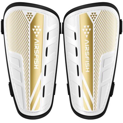 AIRSFISH Soccer Shin Guards, Kids Youth, Small, White+Gold CE Certified, Adjustable Loop Buckle, Breathable Comfortable 1 Pair