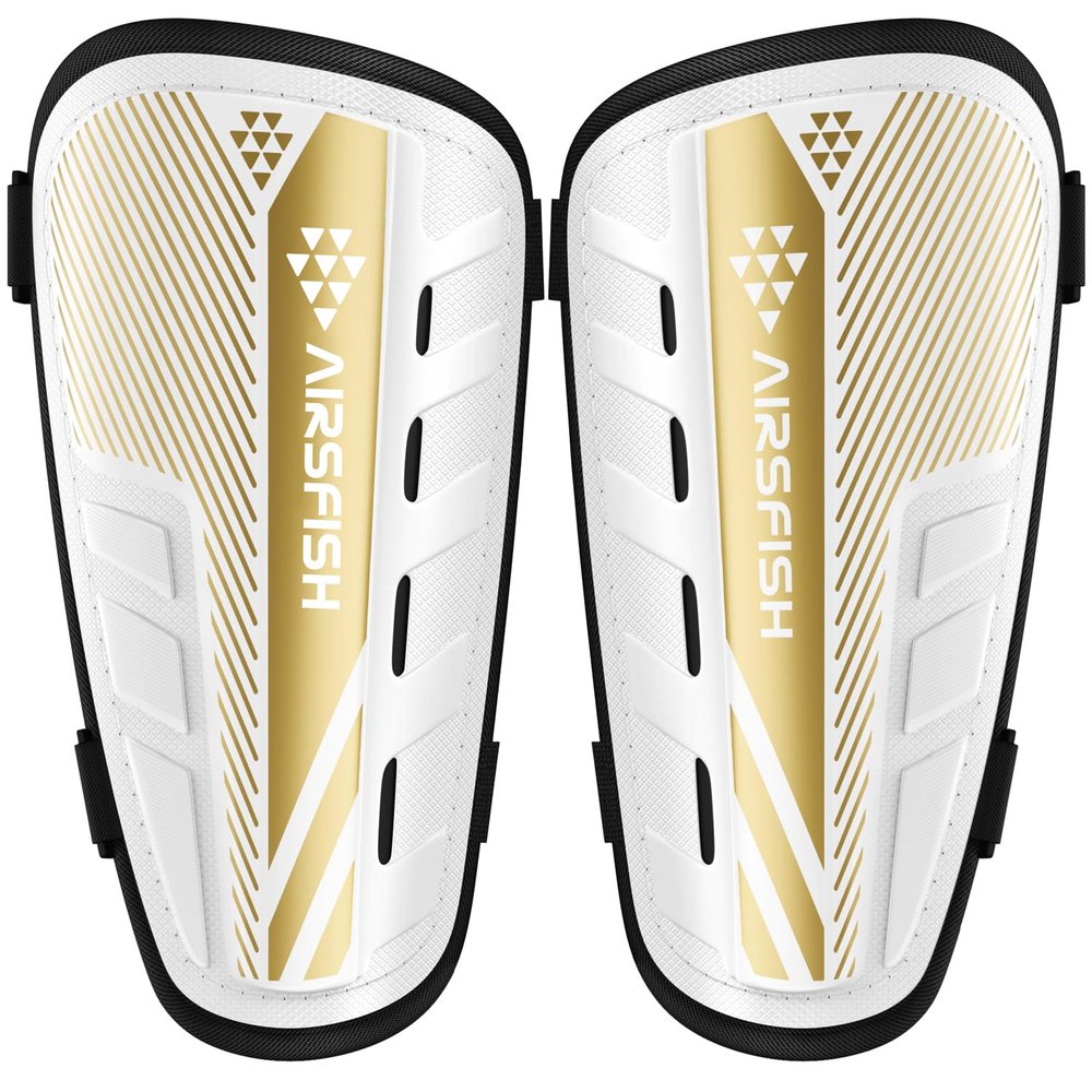 AIRSFISH Soccer Shin Guards, Kids Youth, Small, White+Gold CE Certified, Adjustable Loop Buckle, Breathable Comfortable 1 Pair