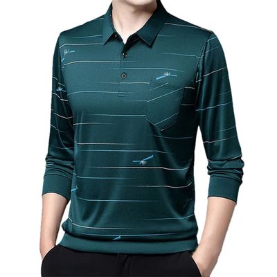 Dninmim Men's Long Sleeve Polo Shirt Casual Pockets Spliced Printed Shirt with Pocket