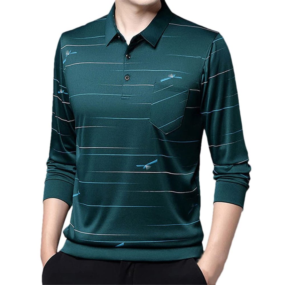 Dninmim Men's Long Sleeve Polo Shirt Casual Pockets Spliced Printed Shirt with Pocket