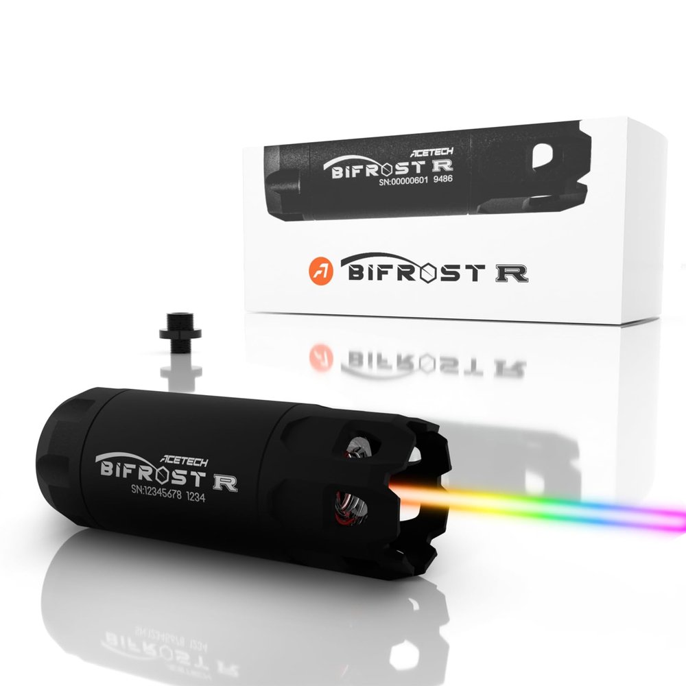 ACETECH Airsoft Pistol/Riffle RGB Tracer Unit Bifrost R 14mm CCW Negative Thread with M14- to M11+ Adaptor Glow in The Dark Green/Red BB LED Rainbow Lighting Effect (Black)