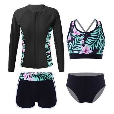 CHICTRY Kids Girls Tropical 3 Pcs Swim Cover Up Sets Zip Up Rashguard Shirts with Bikini Swimsuit 4 Pcs Black A 8 Years