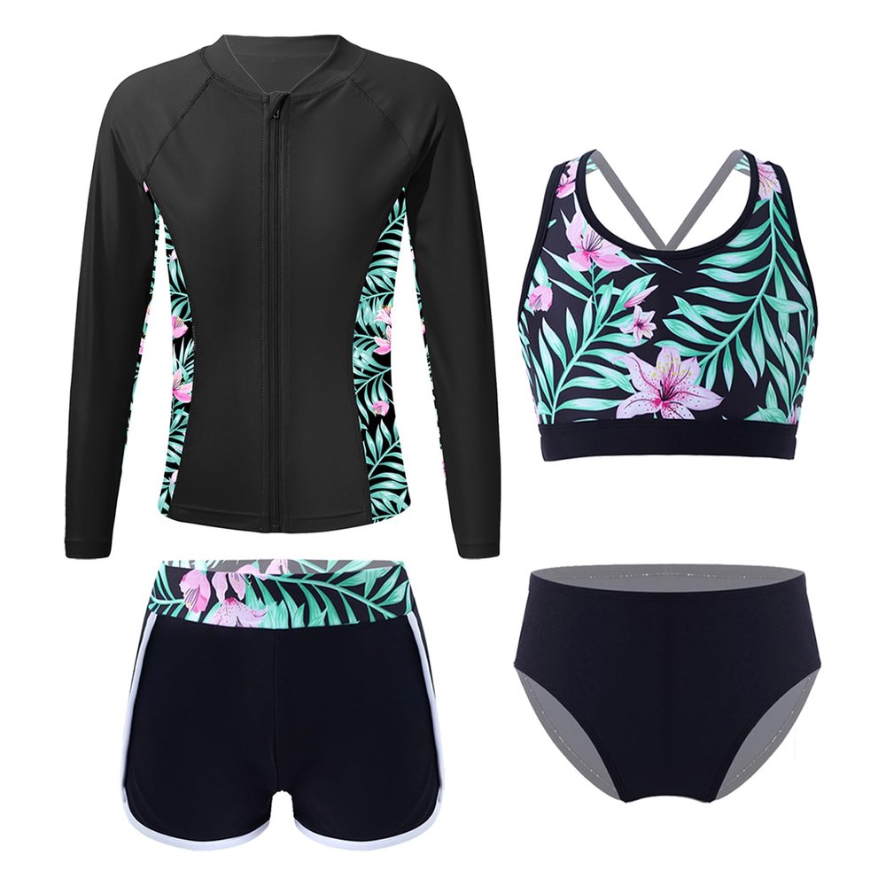 CHICTRY Kids Girls Tropical 3 Pcs Swim Cover Up Sets Zip Up Rashguard Shirts with Bikini Swimsuit 4 Pcs Black A 8 Years