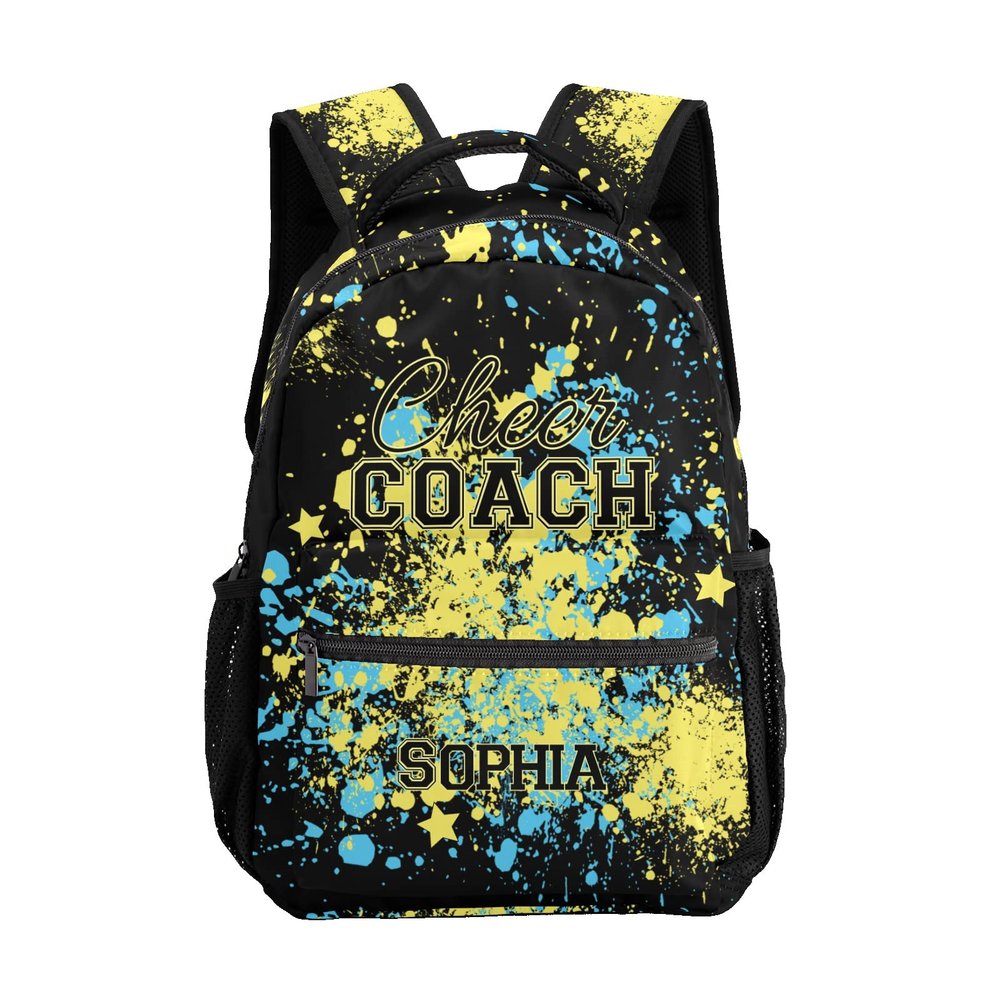 Watercolor Cheerleader Cheer Coach Blue Yellow Personalized Backpack with Name Waterproof Bag for Birthday Holiday Gift for Travel Office Work
