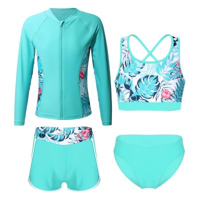 CHICTRY Kids Girls Tropical 3 Pcs Swim Cover Up Sets Zip Up Rashguard Shirts with Bikini Swimsuit 4 Pcs Light Green A 8 Years